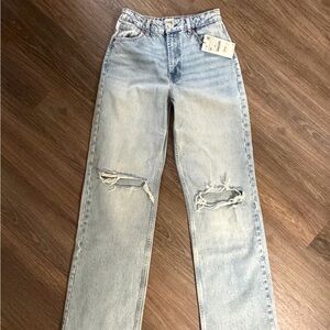 Zara Light Blue Distressed Straight Leg Jeans
